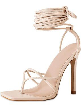 Women's Beige Lace Up Heeled Sandals Square Flip Flop High Heels Strappy Shoes